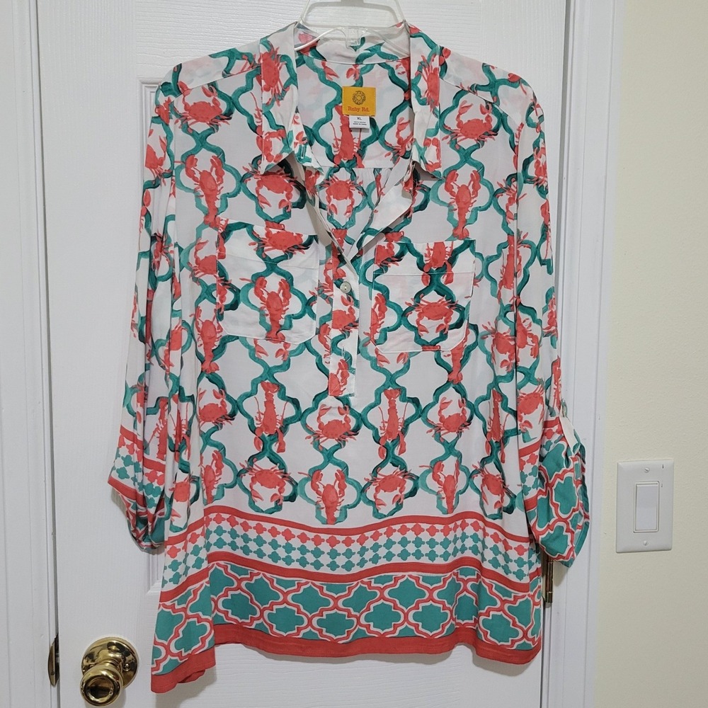 Ruby Rd Womens XL Lobster Crab Nautical Print Roll Tab Sleeve Blouse Coral Teal